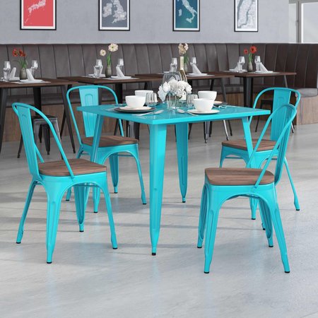 FLASH FURNITURE Crystal Teal-Blue Metal Stackable Chair with Wood Seat 4-ET-3534-CB-WD-GG